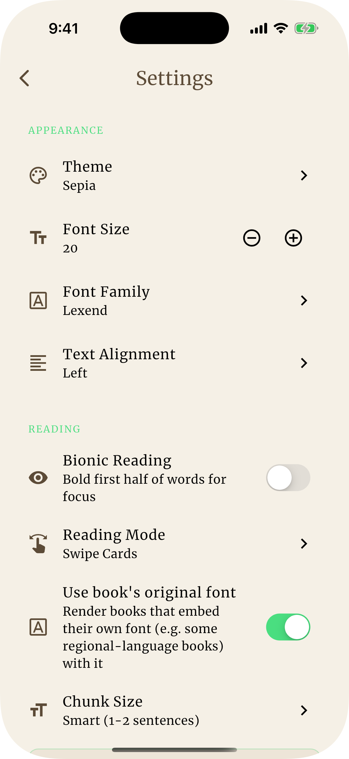 Reader settings — themes, fonts, text size and spacing controls