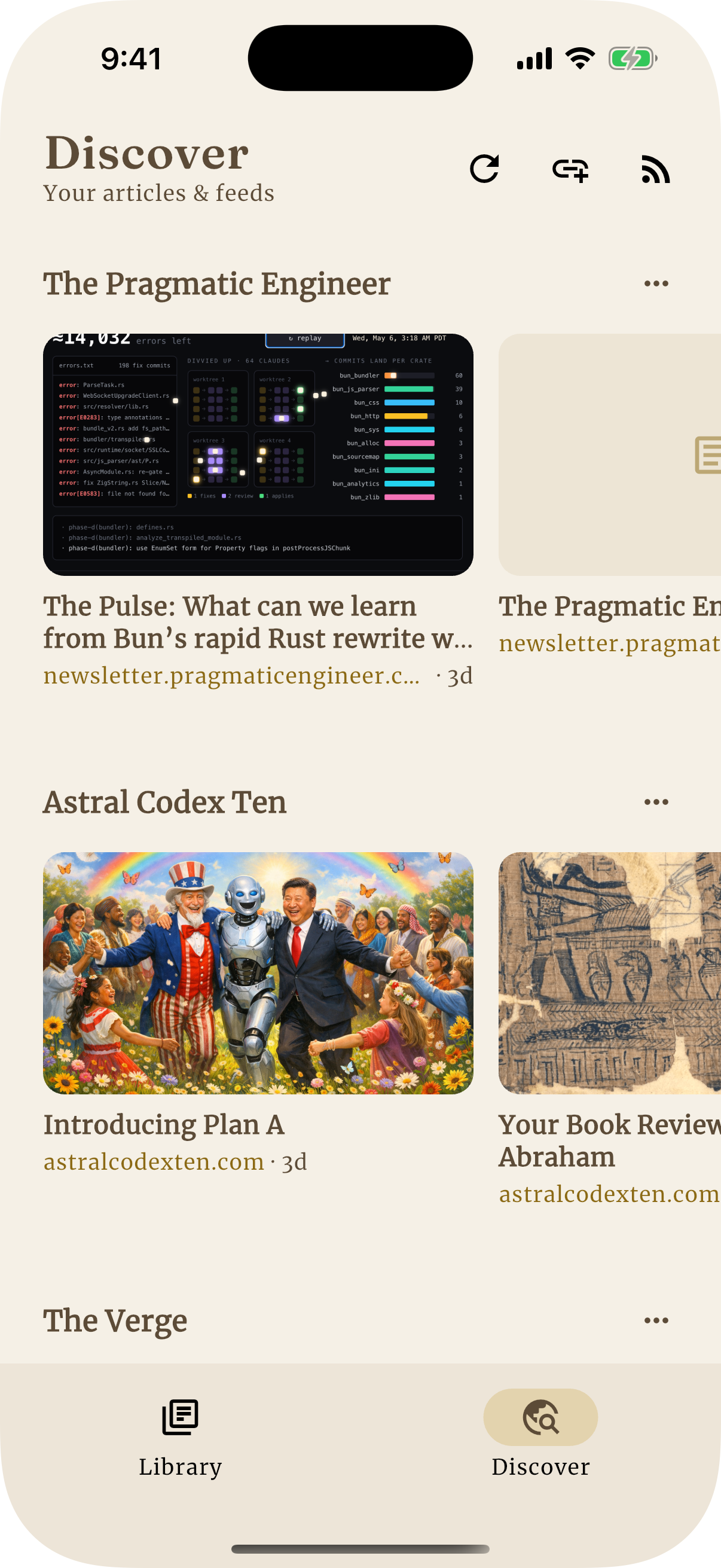 Discover screen showing RSS feeds from various sources