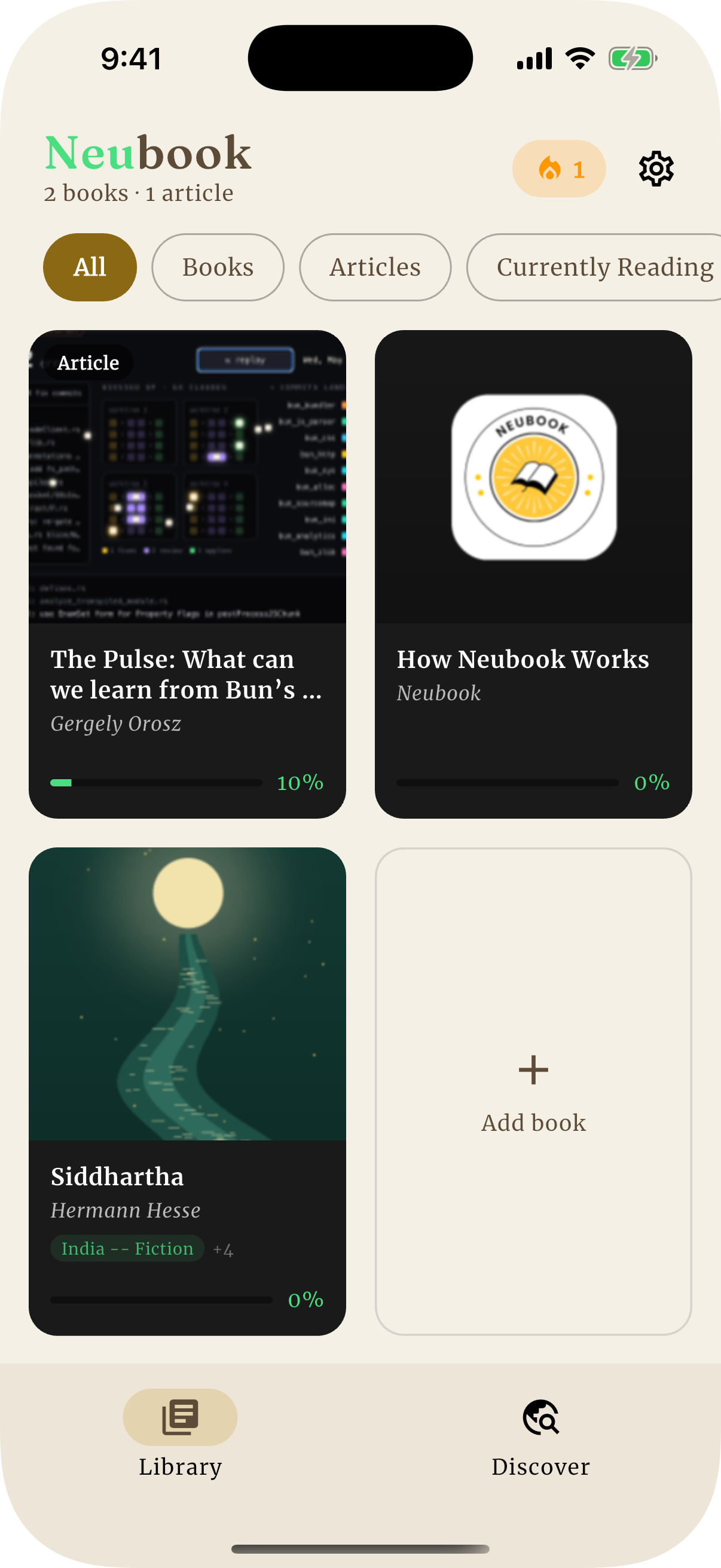 Neubook Library — showing book covers and articles in a clean grid
